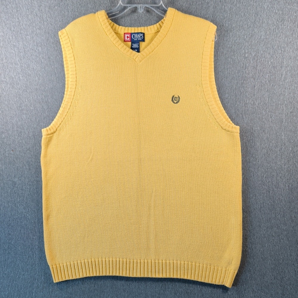 Y2K CHAPS V Neck Sweater Vest Mens Sz L Golf Cotton Knit Logo Yellow Streetwear